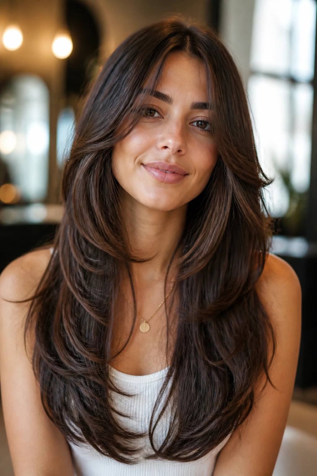 Close-up of a real woman with rounded layers and tapered ends under warm window light
