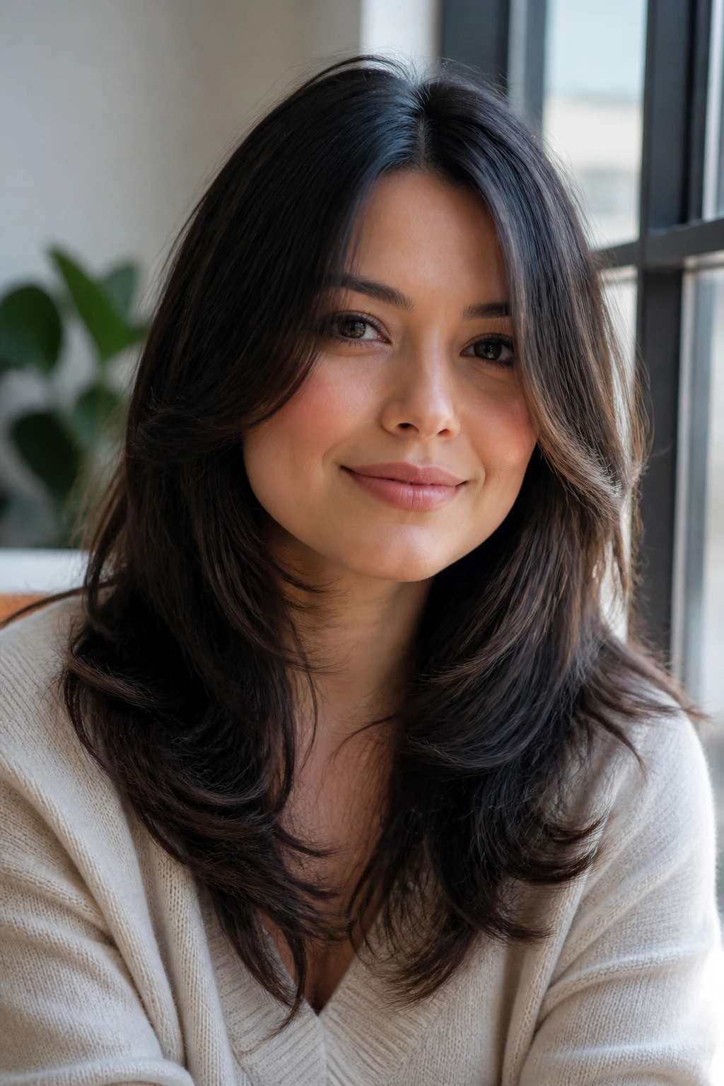 Real woman with rounded layers and tapered front pieces framing the cheeks.