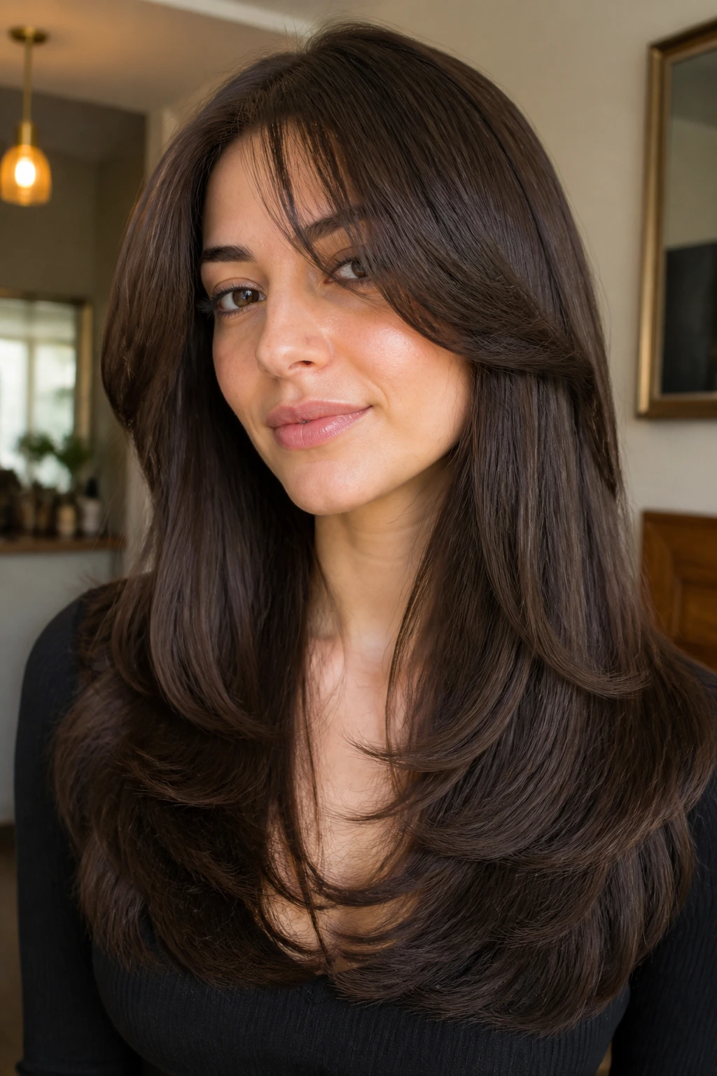 Portrait of real person with rounded layers on thick straight hair