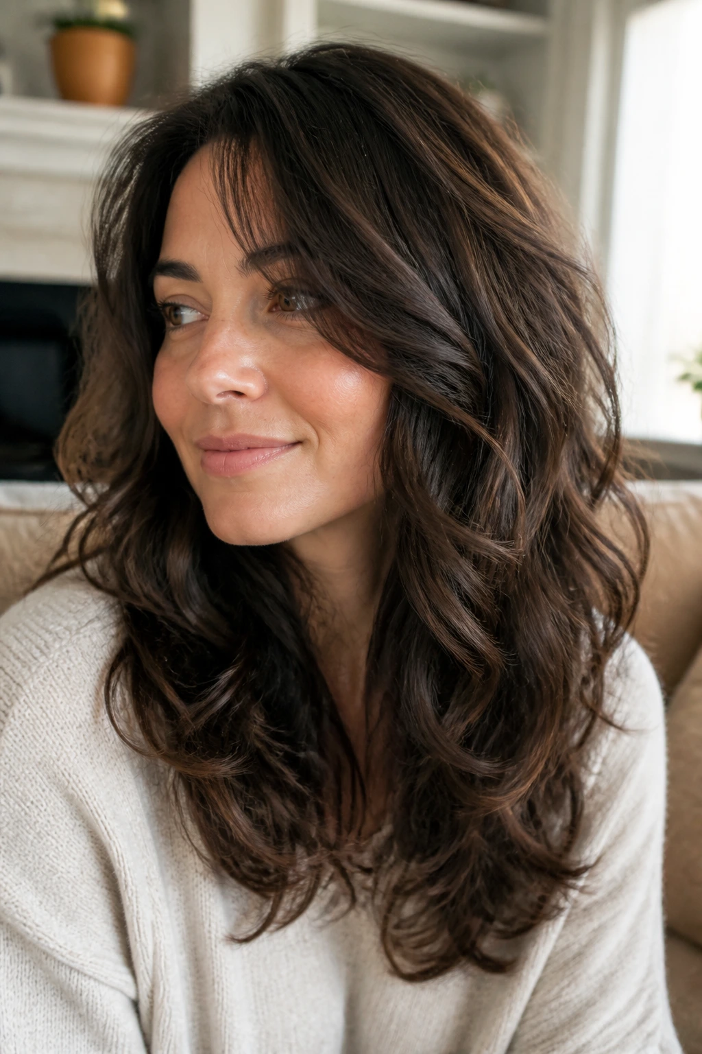 Real woman with rounded layers on thick waves forming soft silhouette