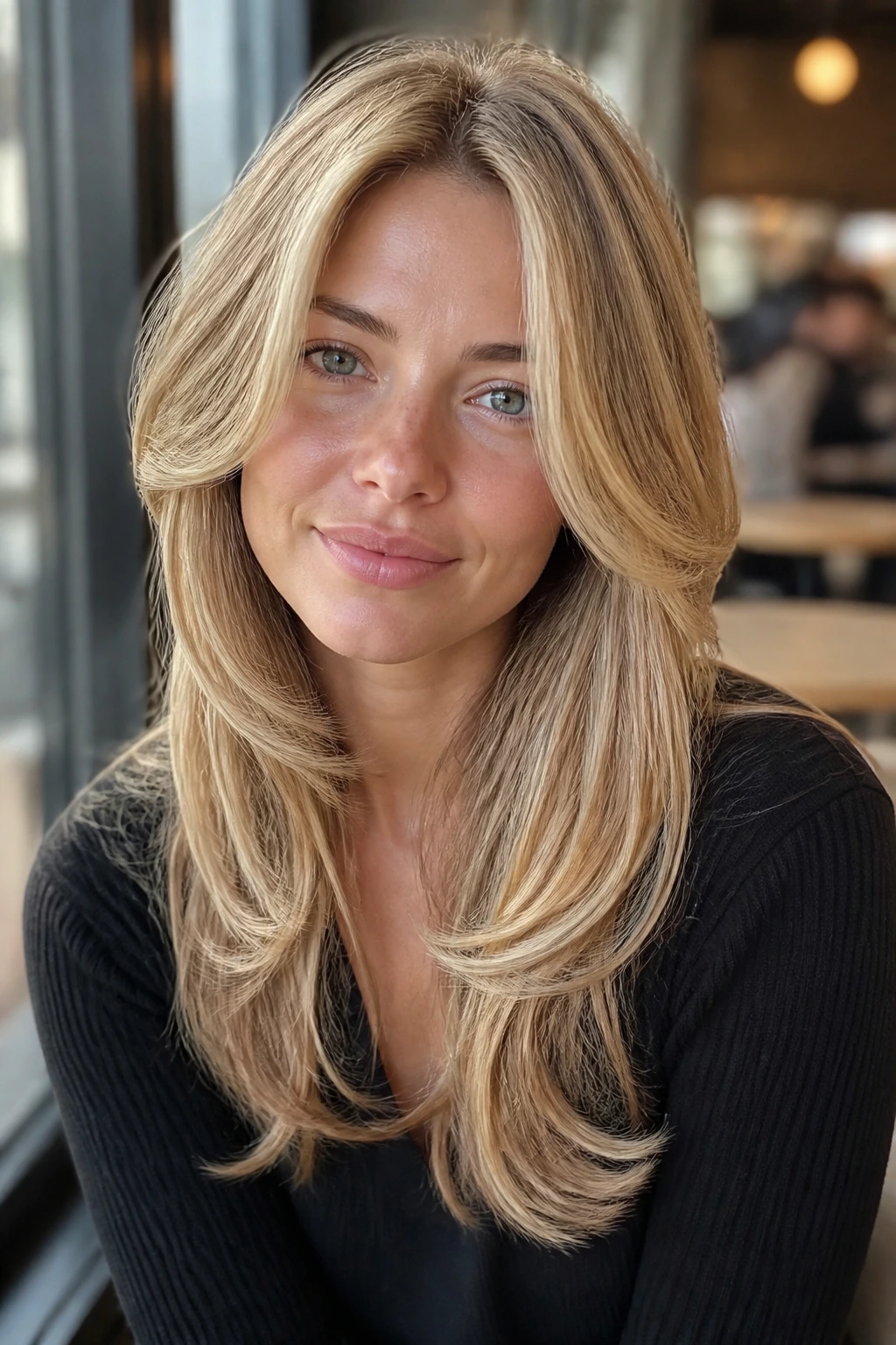 Close-up of a real woman with rounded layers and vanilla blonde ribbon highlights