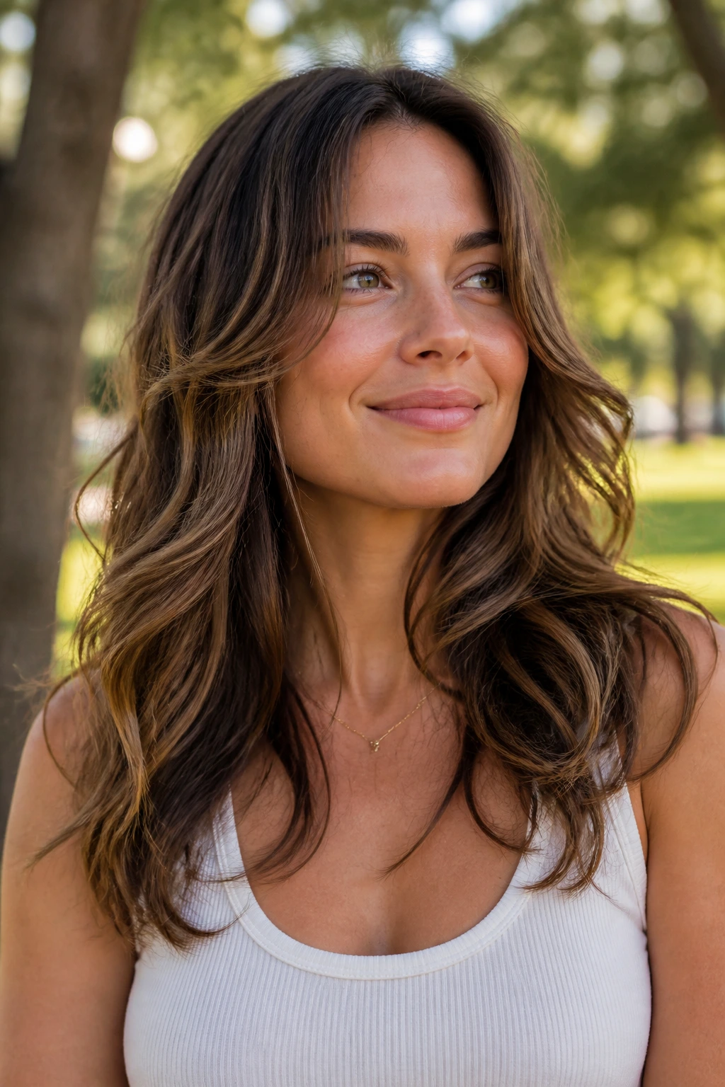 Real woman with rounded layers following natural wave in an outdoor setting
