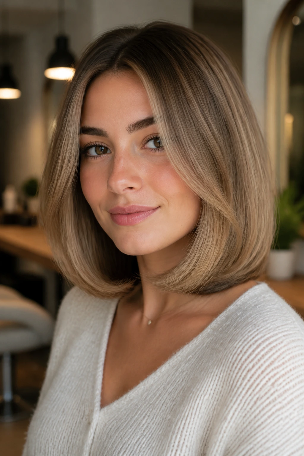 Close-up of a real woman with a rounded lob creating a fuller outline.