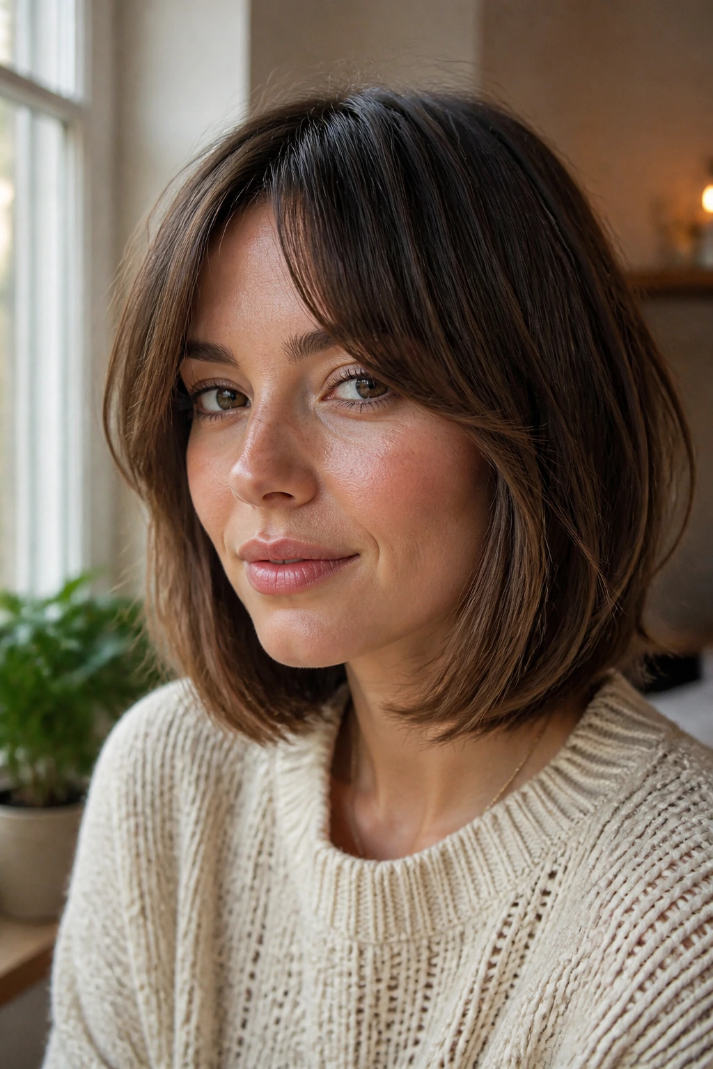 Close-up portrait of rounded lob with split bangs in warm window light