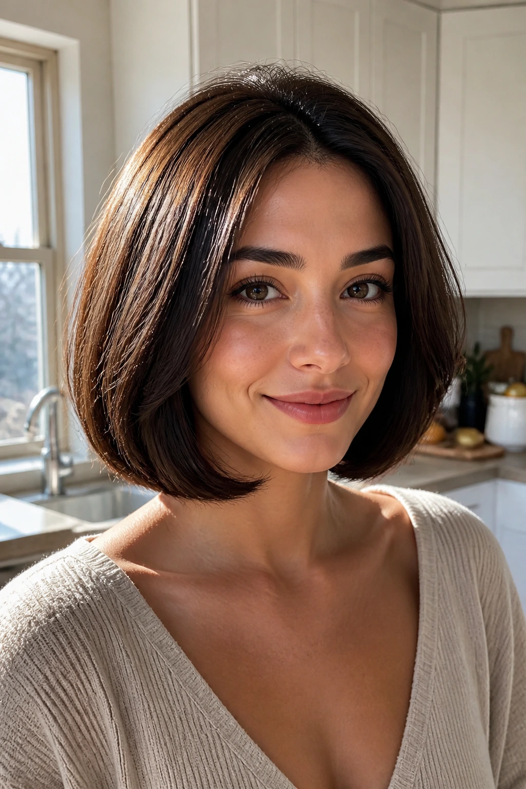 Brunette woman with rounded lob and curved under ends in sunlit kitchen