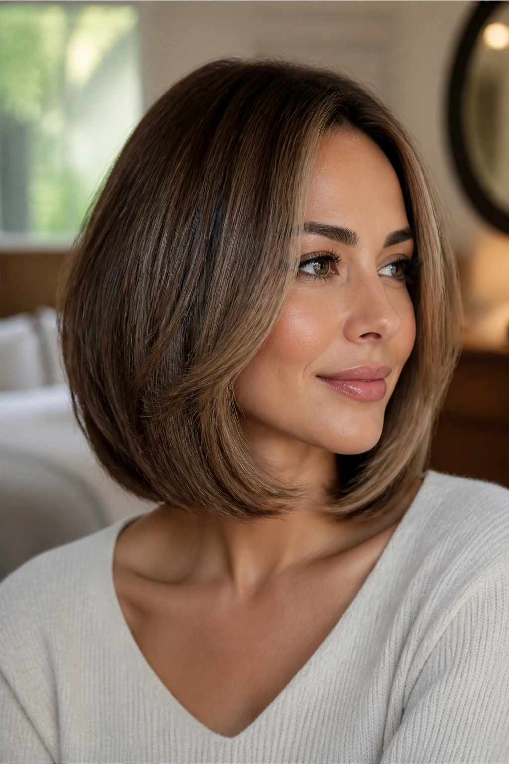 Portrait of woman with rounded C-cut lob and thicker perimeter.