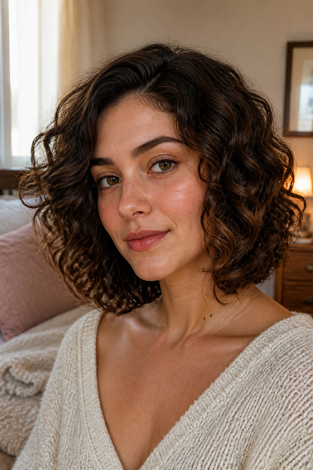 Close-up of a woman with a rounded shoulder-length lob curling softly around the jaw.