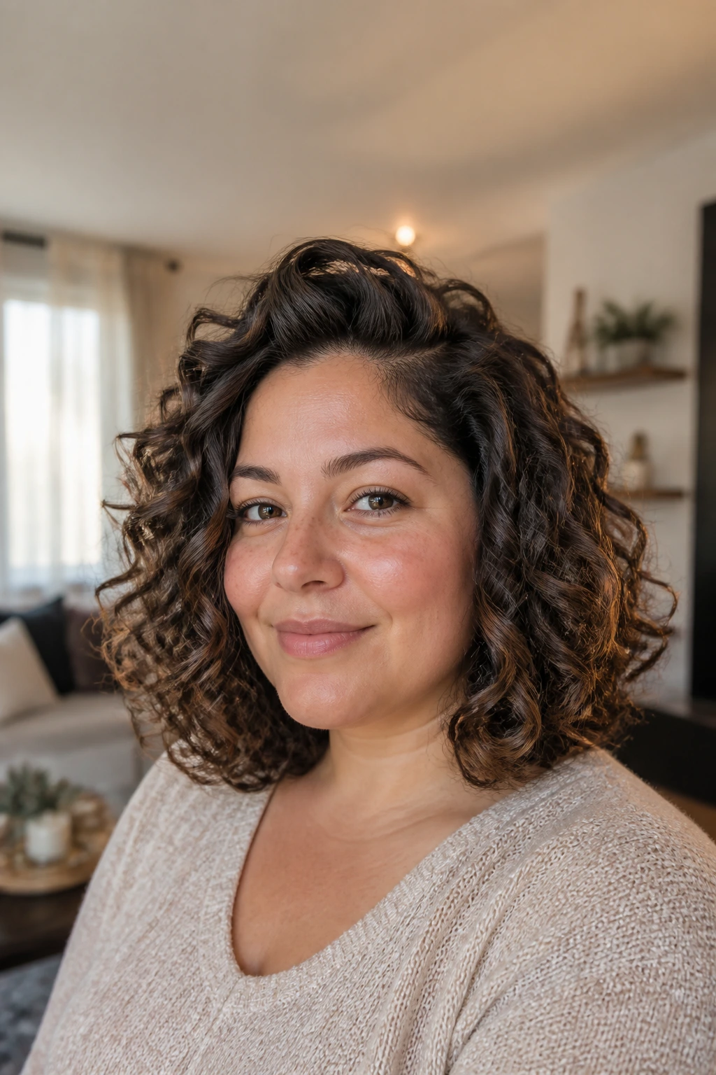 Close-up of a real woman with curly hair in a rounded lob with lifted crown, natural window light.