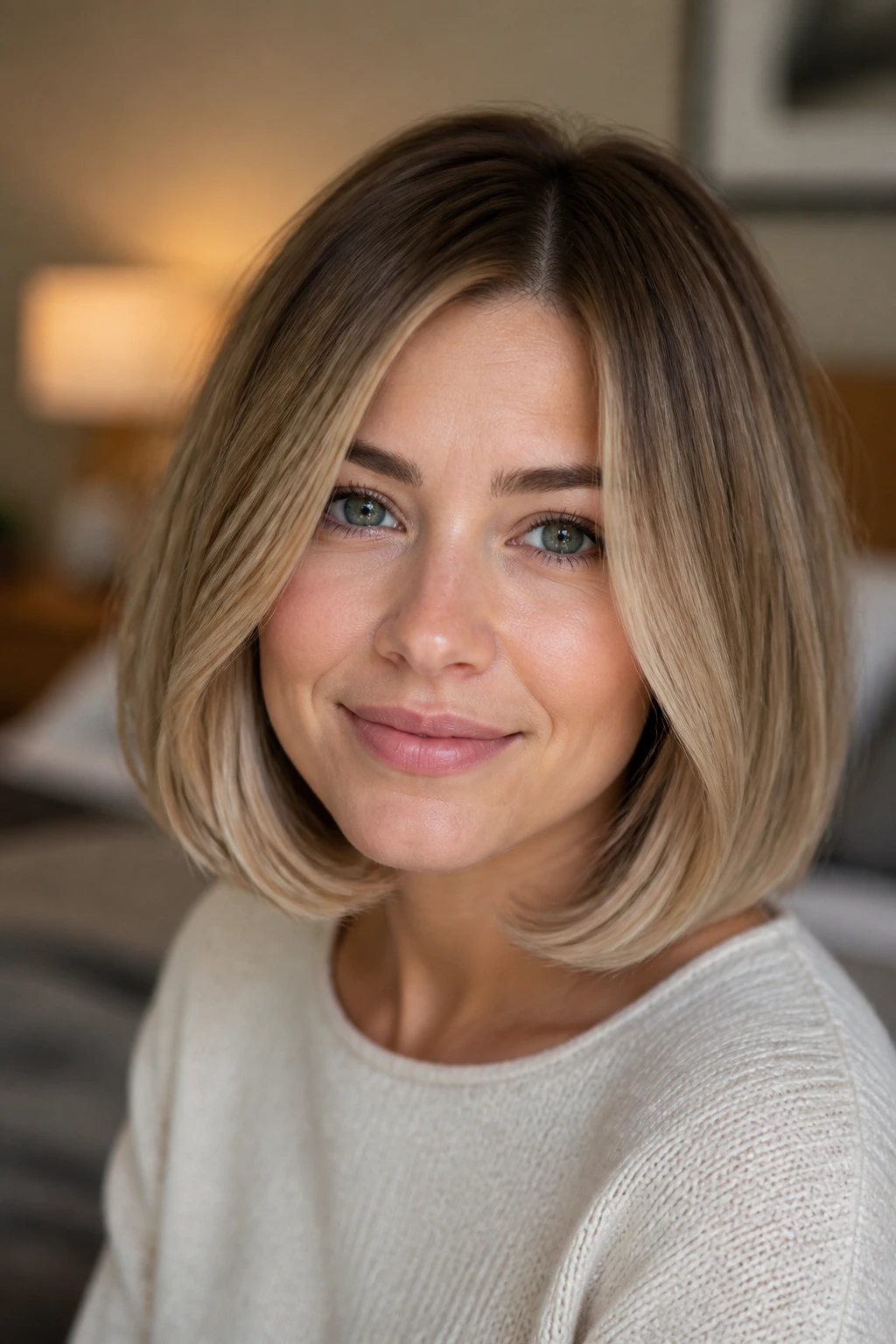 Close-up portrait of a real woman with a rounded lob and soft ends