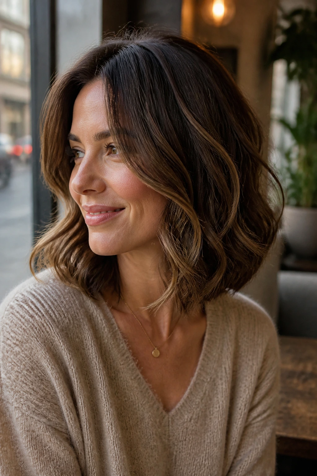 Close-up of a real woman with rounded lob and face-framing pieces