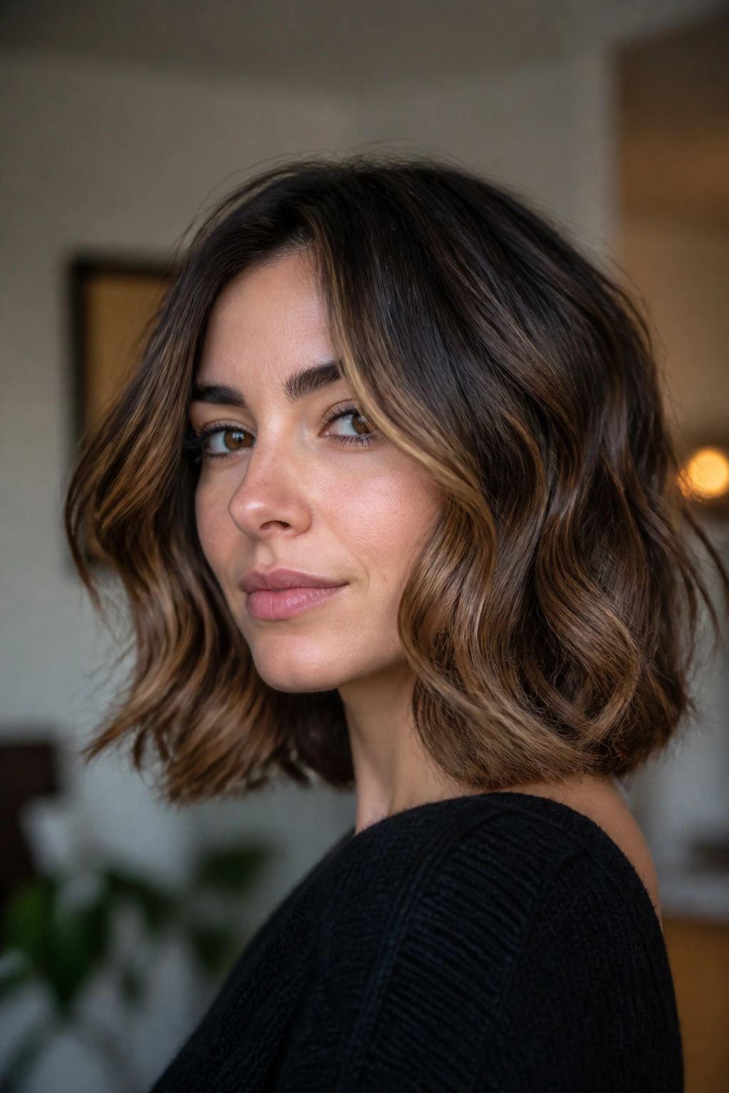 Portrait of a real woman with rounded lob and face-framing ribbons.