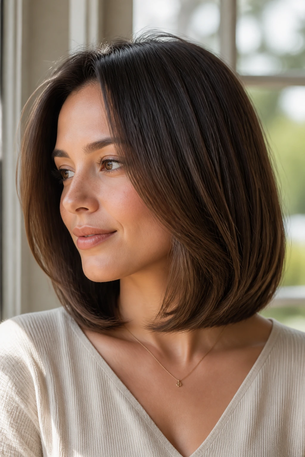 Close-up portrait of a real woman with rounded lob and polished bend in daylight