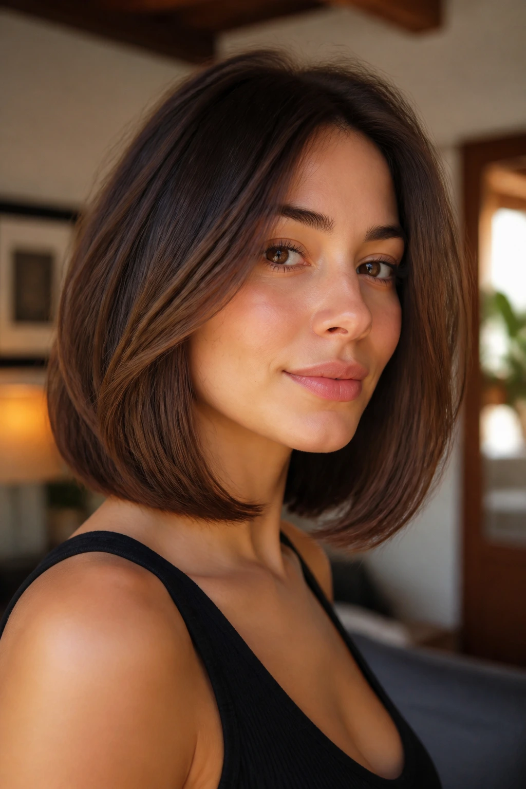 Real woman with rounded lob ends curling inward, indoor warm light