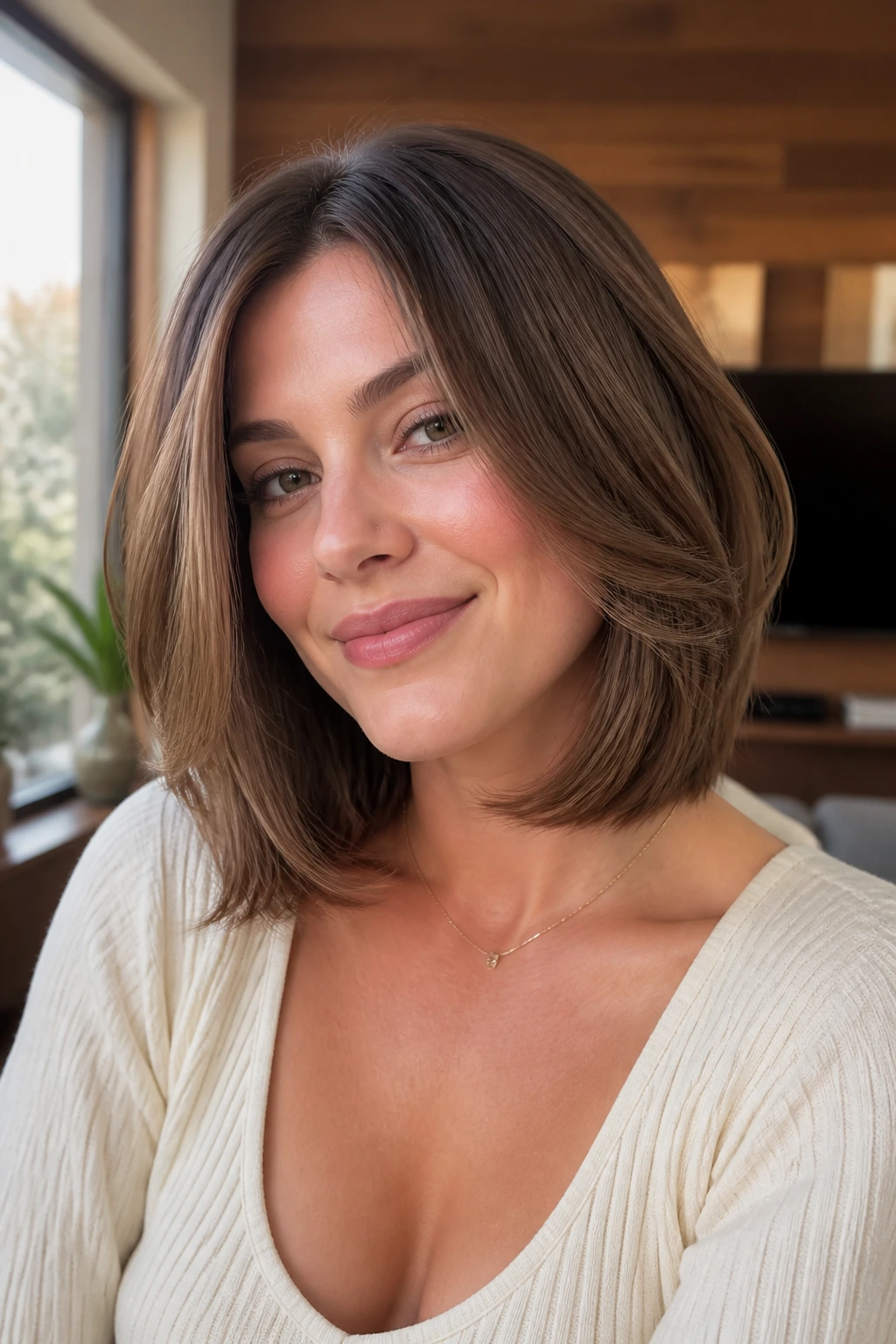 Close-up of a rounded lob with internal layers on a real woman in a warm living room