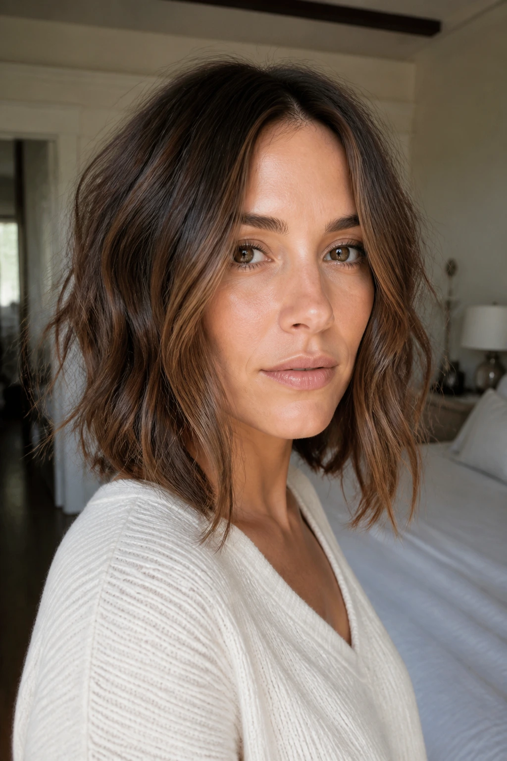 Close-up portrait of a real woman with a rounded lob and long front pieces in warm window light