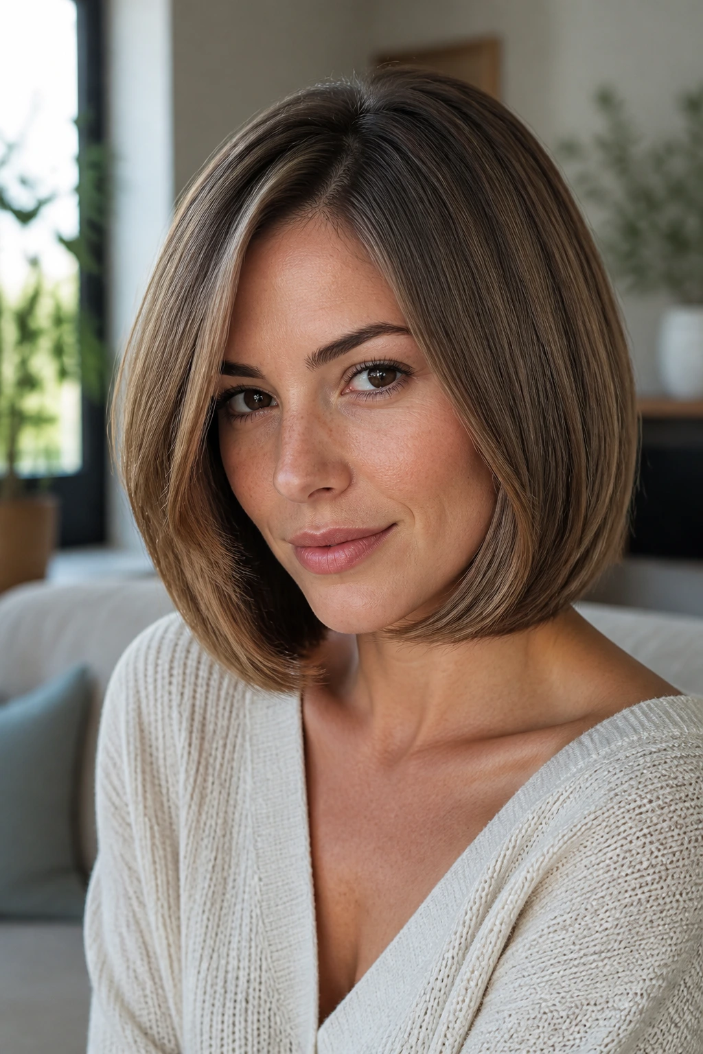 Close-up of a real woman with rounded lob and curved ends in daylight