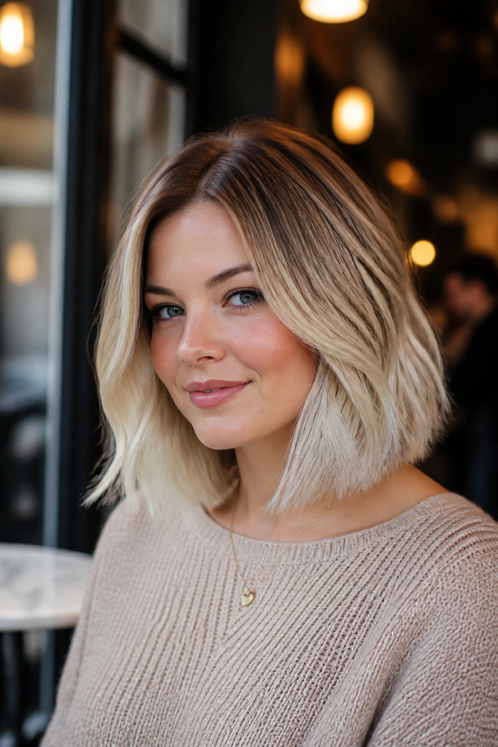 Real woman with rounded lob, root shadow, and bright ends in warm light