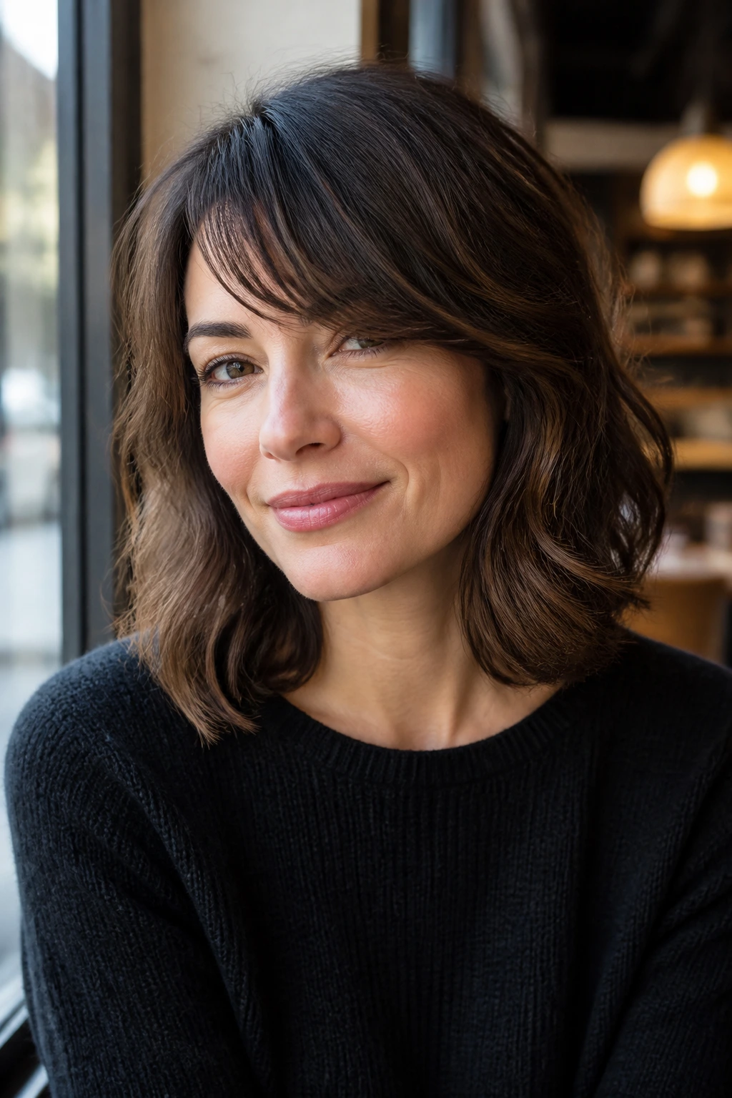 Close-up of a woman with shoulder-length rounded lob and side-swept bangs