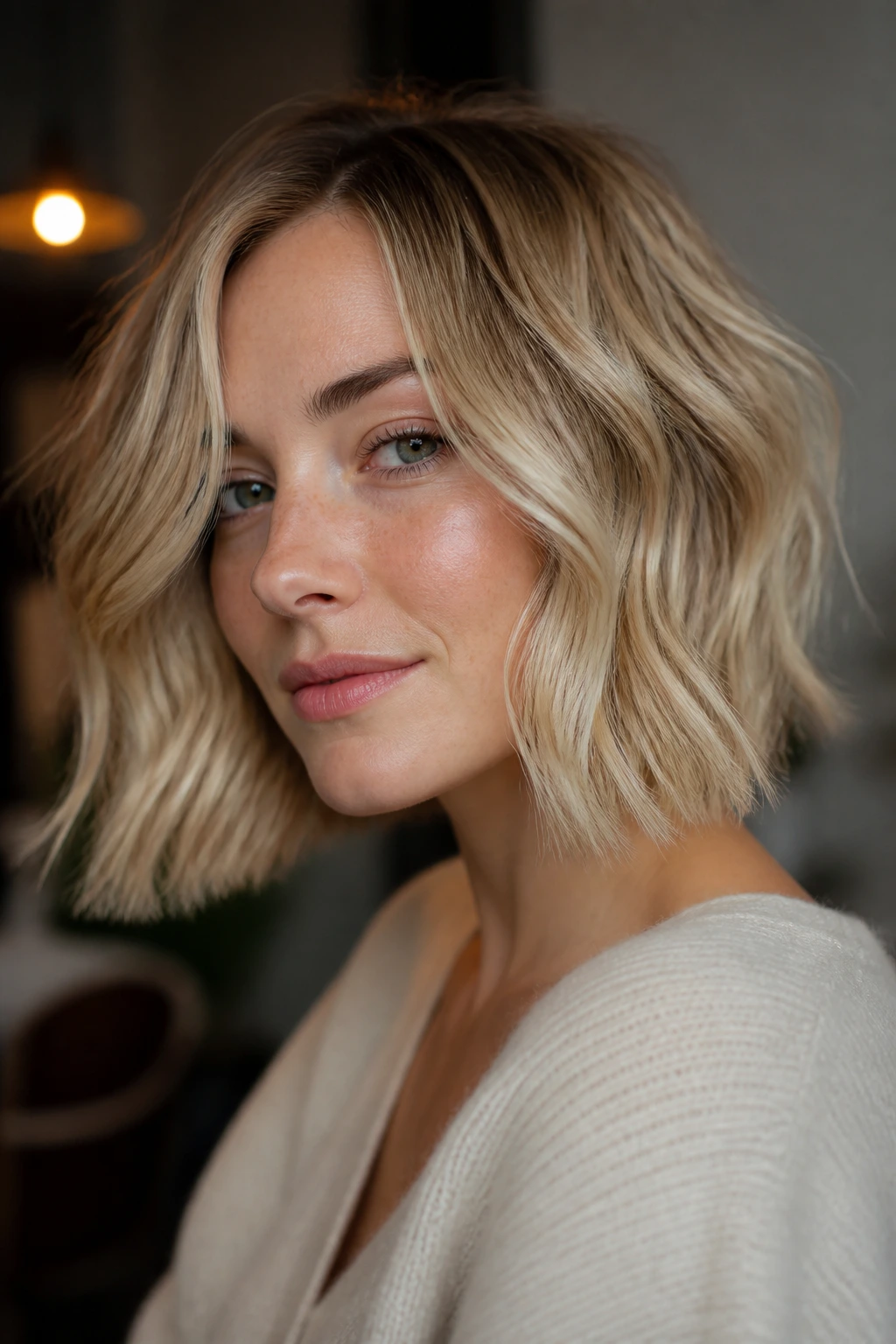 Close-up portrait of a real person with a rounded lob and soft perimeter