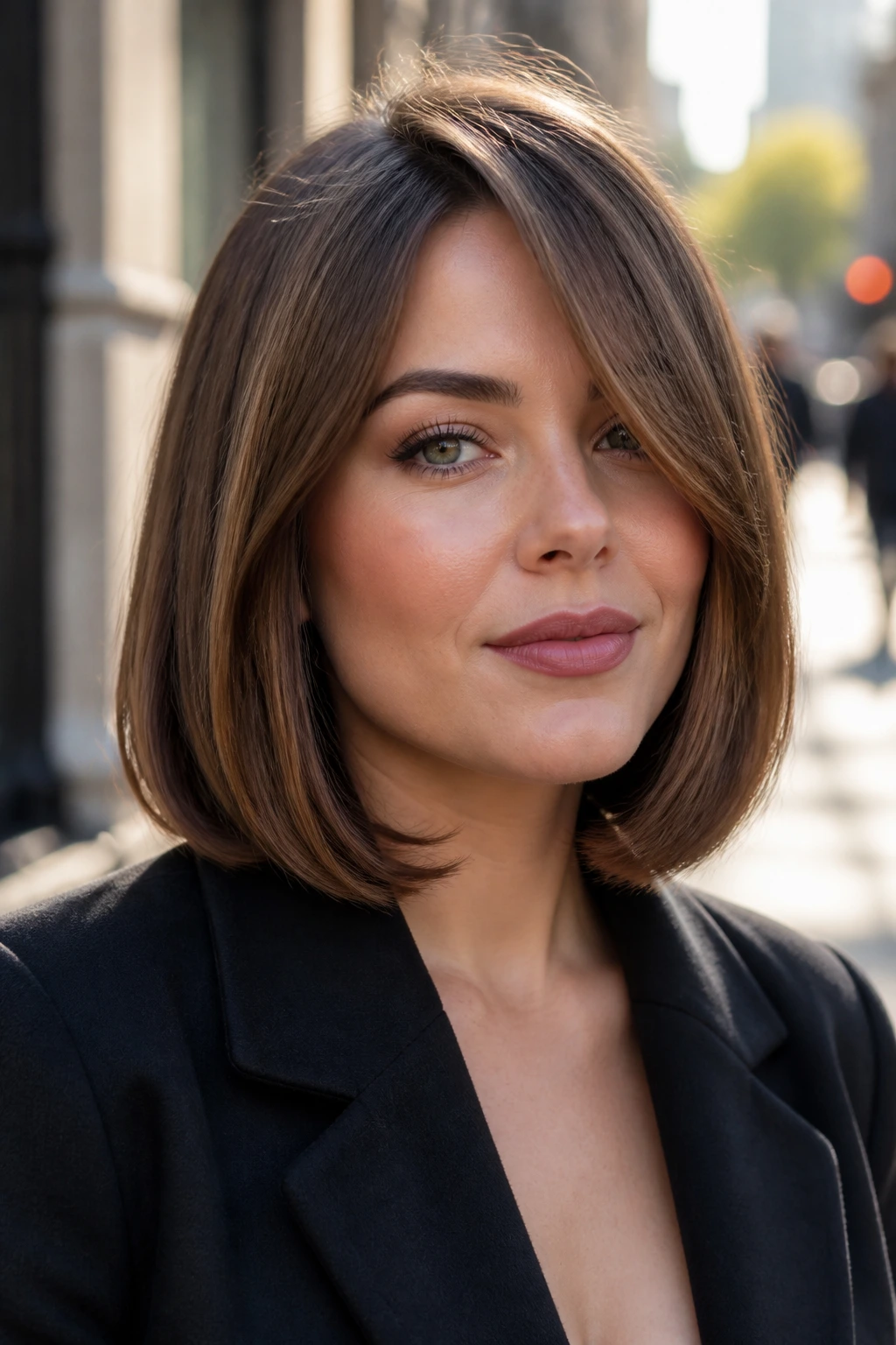 Portrait of a real woman with rounded lob and underturned ends