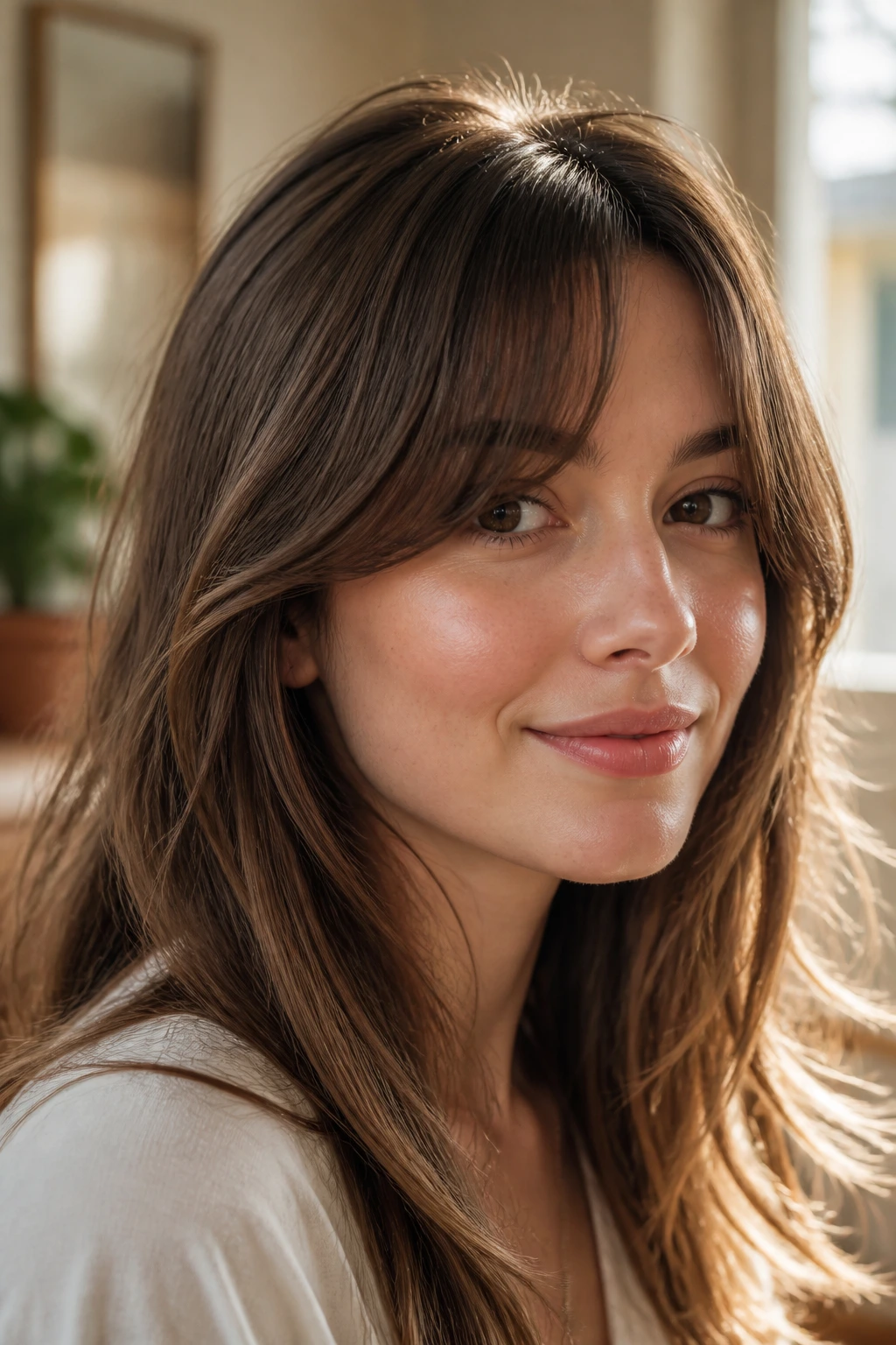 Close-up of a woman with rounded long bangs in warm window light