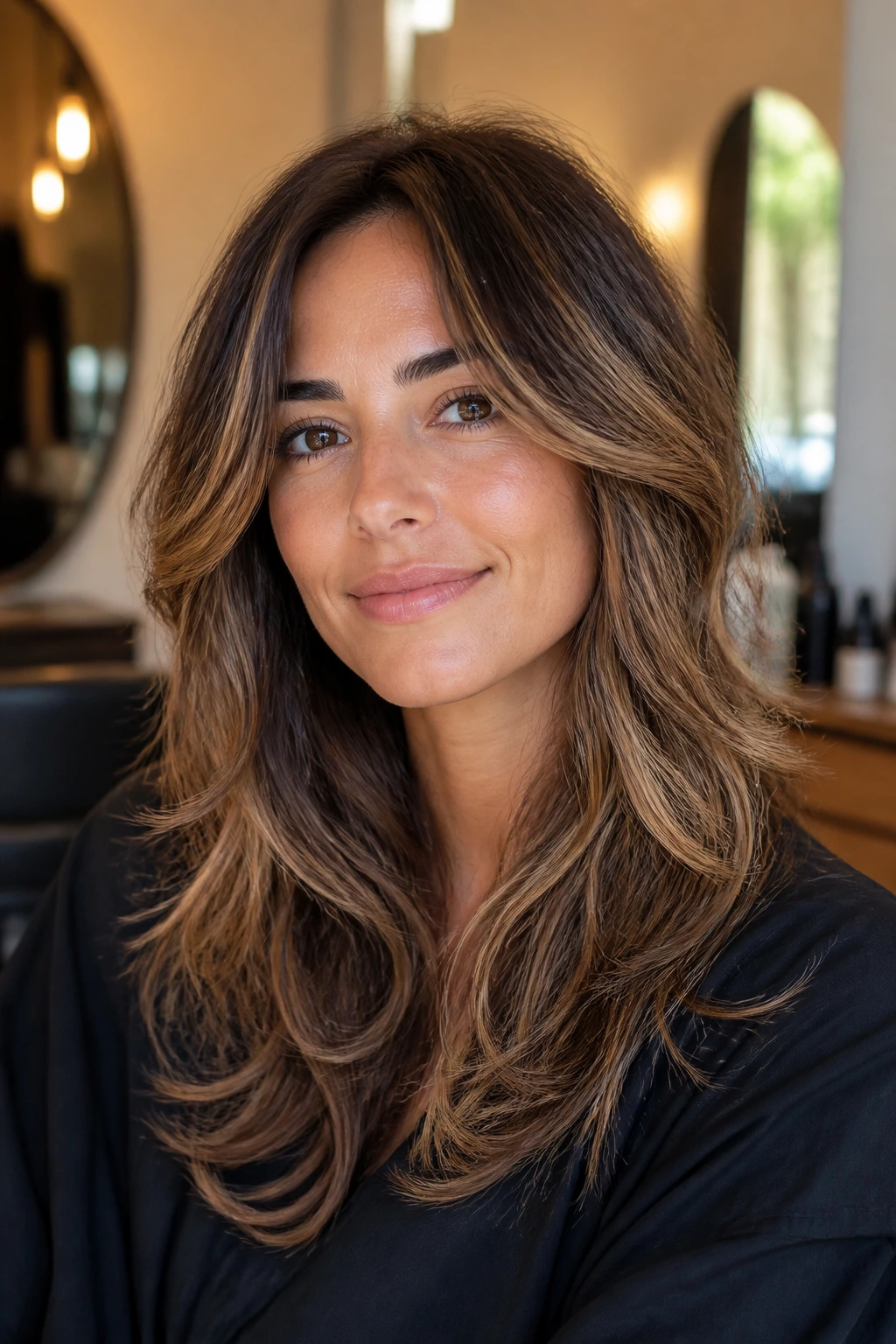Close-up portrait of a real woman with rounded long-layer shag and caramel highlights along front panels.