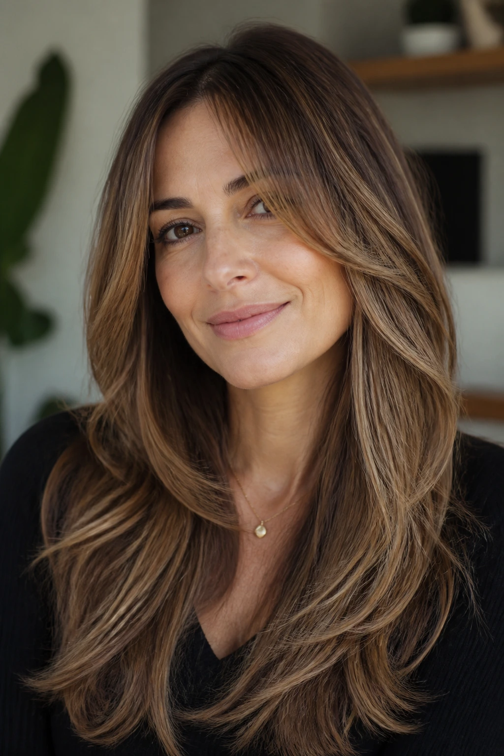 Close-up of a real woman with rounded long layers and beige brunette depth.