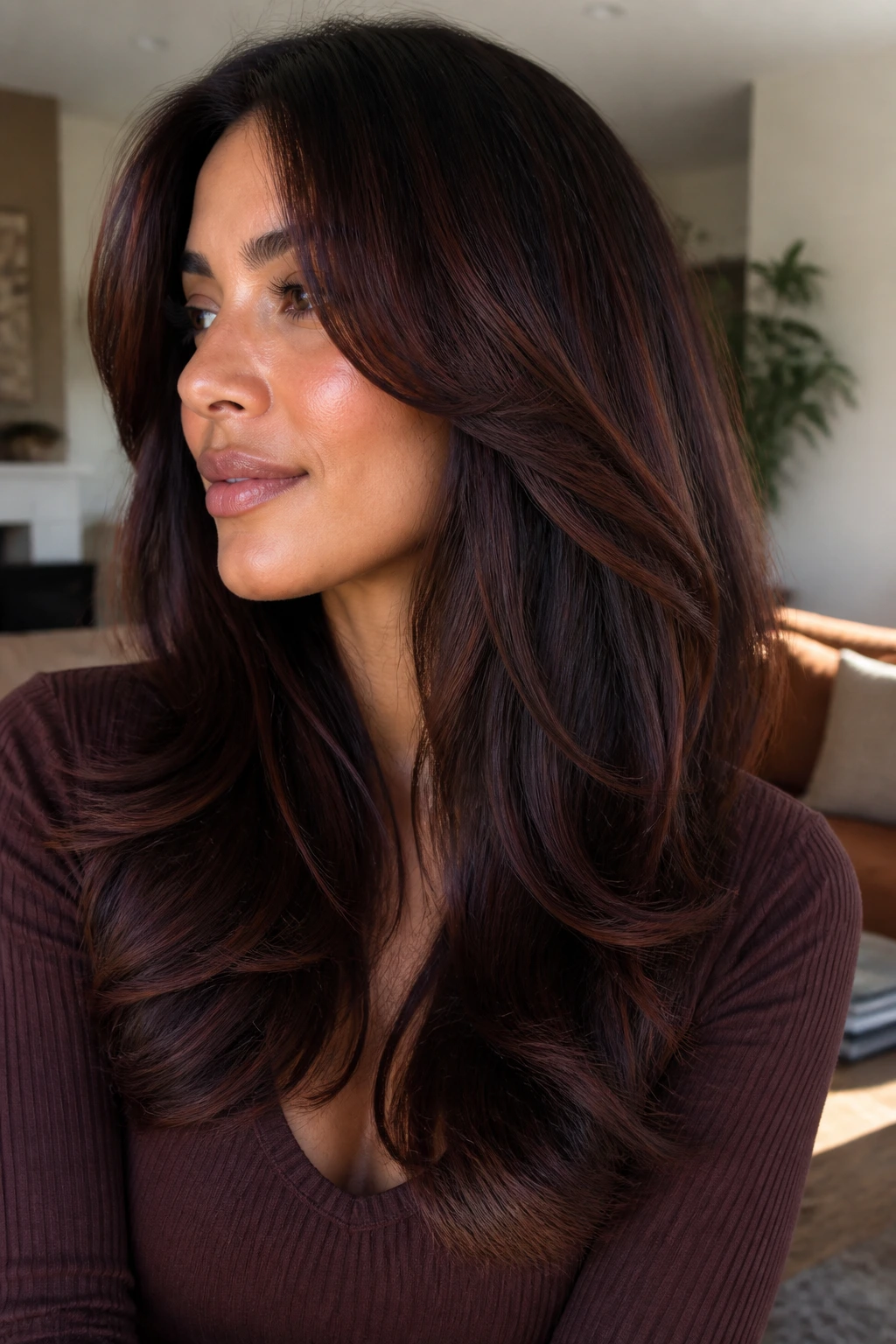 Portrait of a real woman with rounded long layers and mahogany lowlights