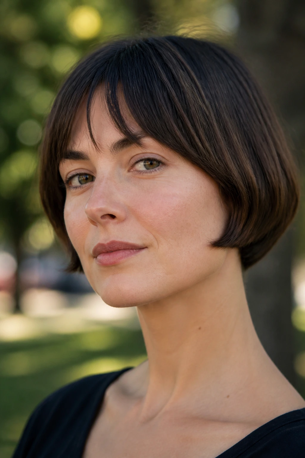 Portrait of a person with a rounded micro-bob around the ear and a subtle crown lift.