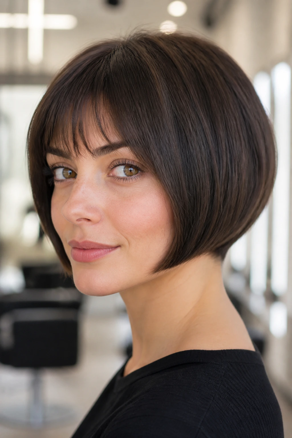 Portrait of a real woman with rounded micro-bob for dense, compact silhouette