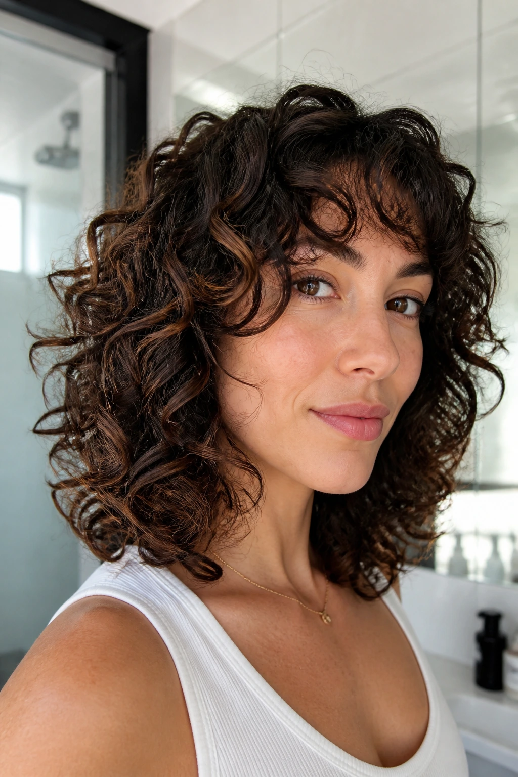 Real woman with rounded mid-length curly haircut
