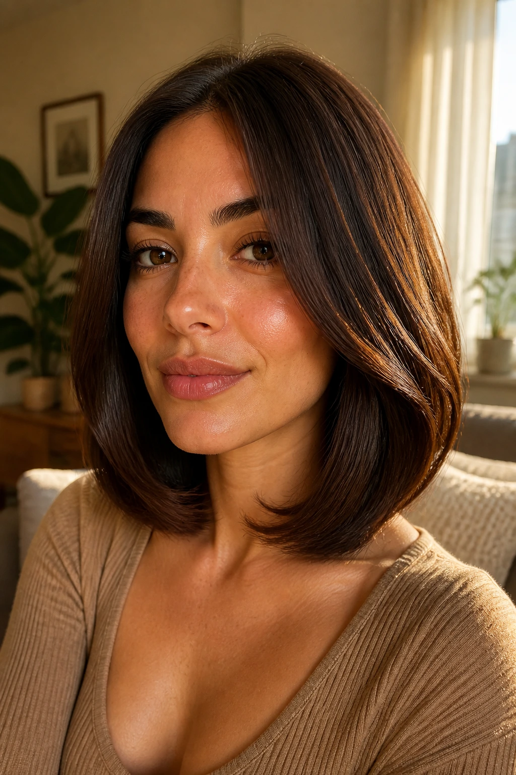 Close-up of a real woman with a rounded midi haircut in glossy chocolate brown, olive skin, by a sunlit window