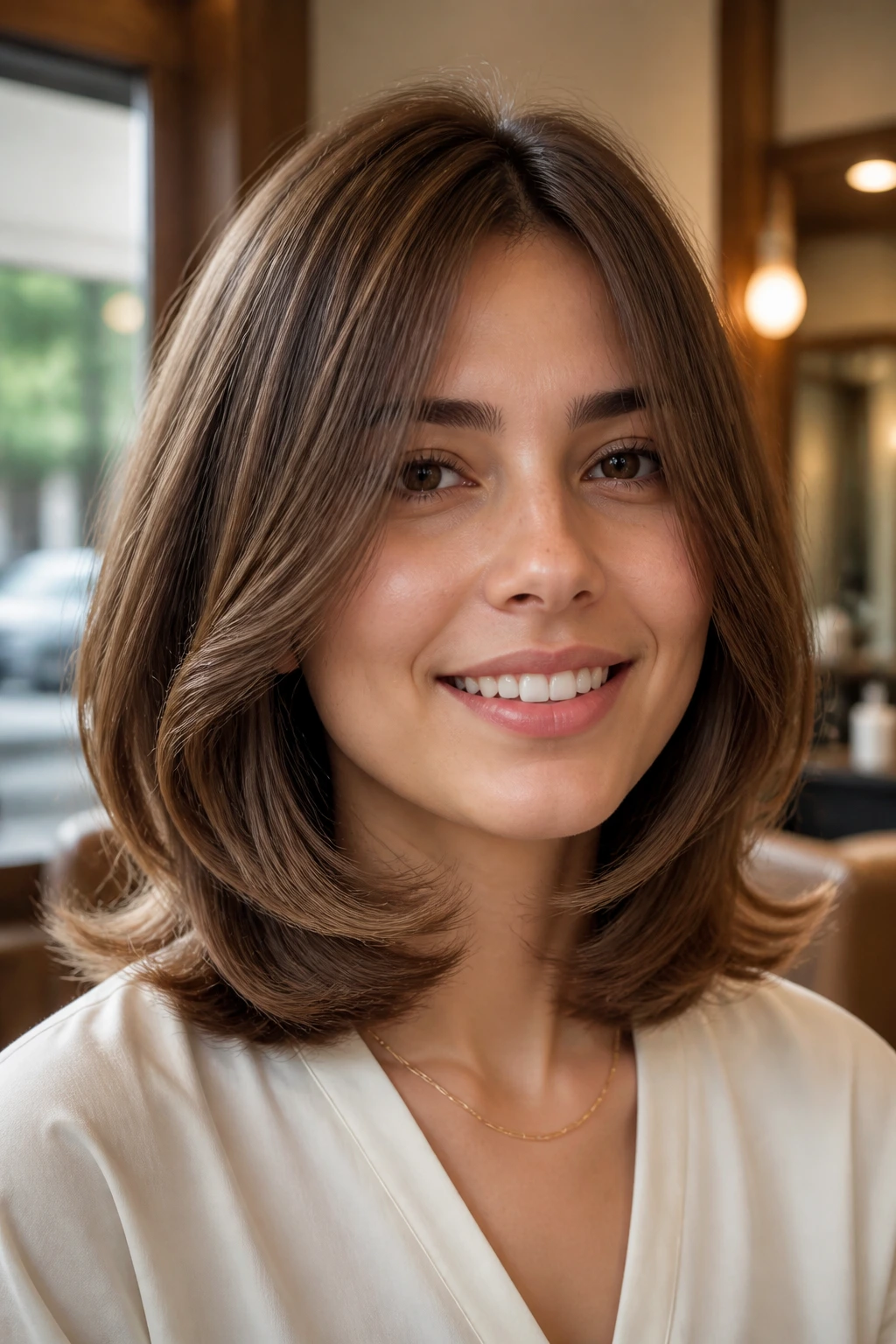 Close-up portrait of a real woman with rounded midi cut and bouncy ends, warm window light.