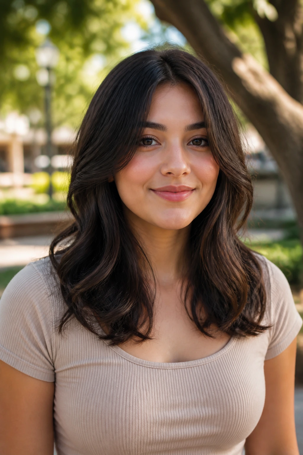 Portrait of a person with a rounded midi cut and face-framing layers
