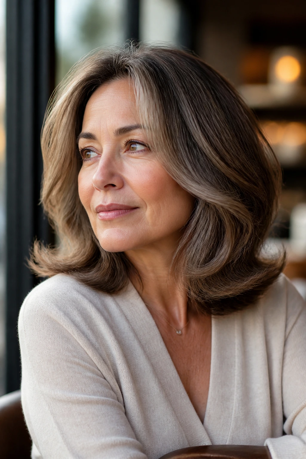 Close-up of a real woman with rounded midi cut and flipped ends