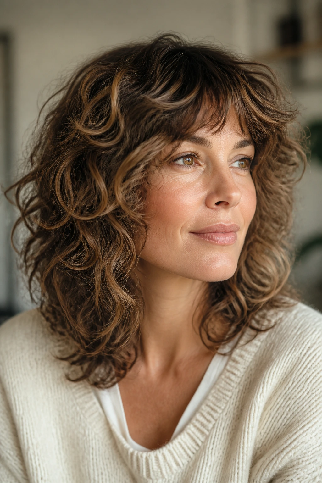 Close-up of rounded midi shag with caramel veil babylights on a real person