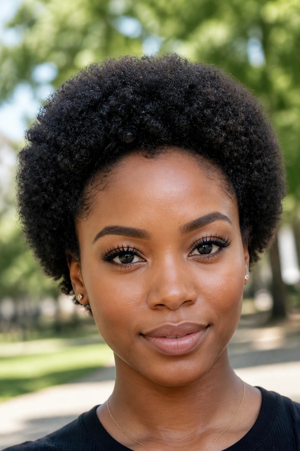 Close-up of a real person with a rounded mini afro hairstyle.