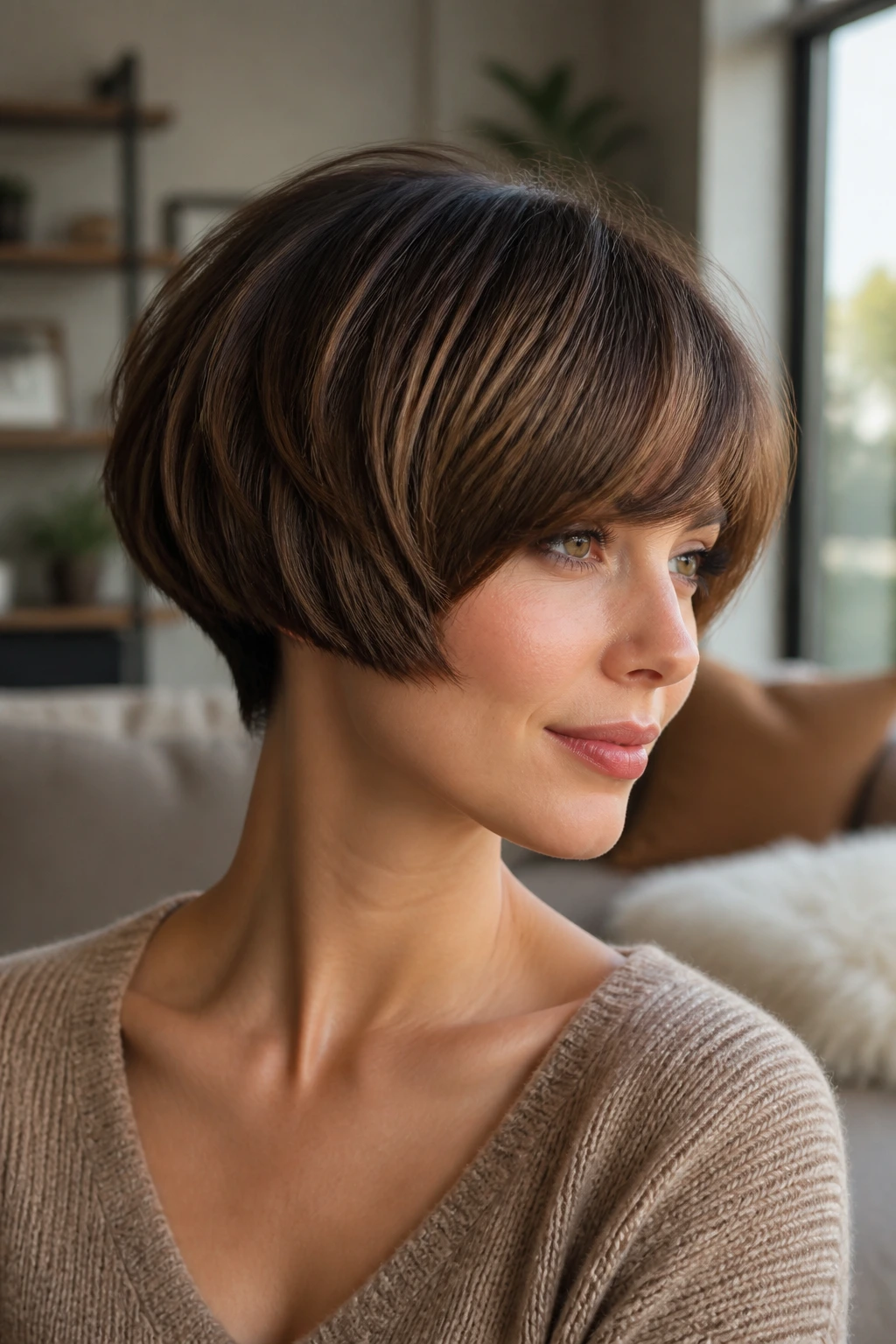 Close-up of a woman with rounded mushroom bob and caramel highlights