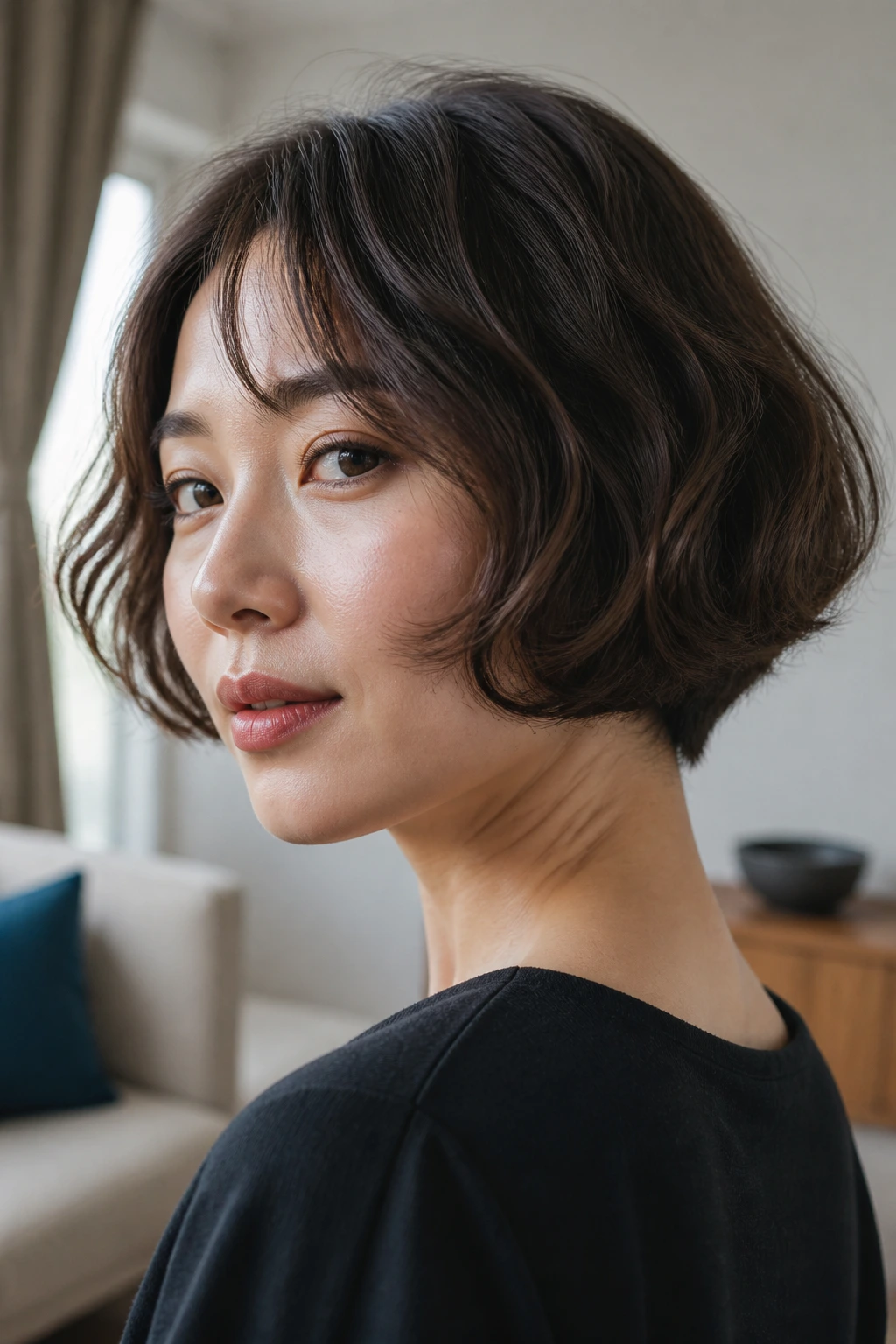 Close-up portrait of a real woman with a rounded mushroom bob