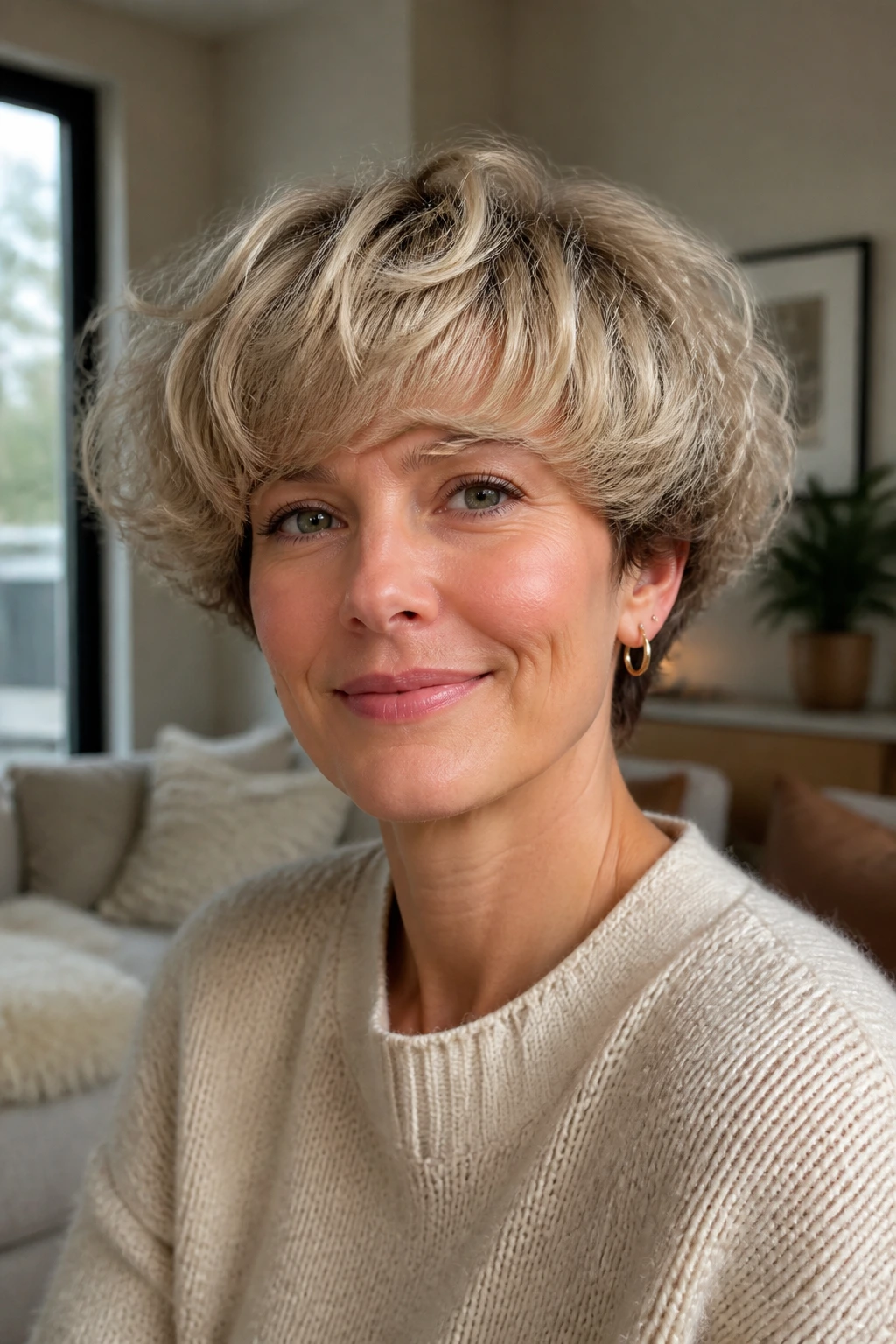 Close-up portrait of a real person with a rounded mushroom cut and cream blonde lengths.