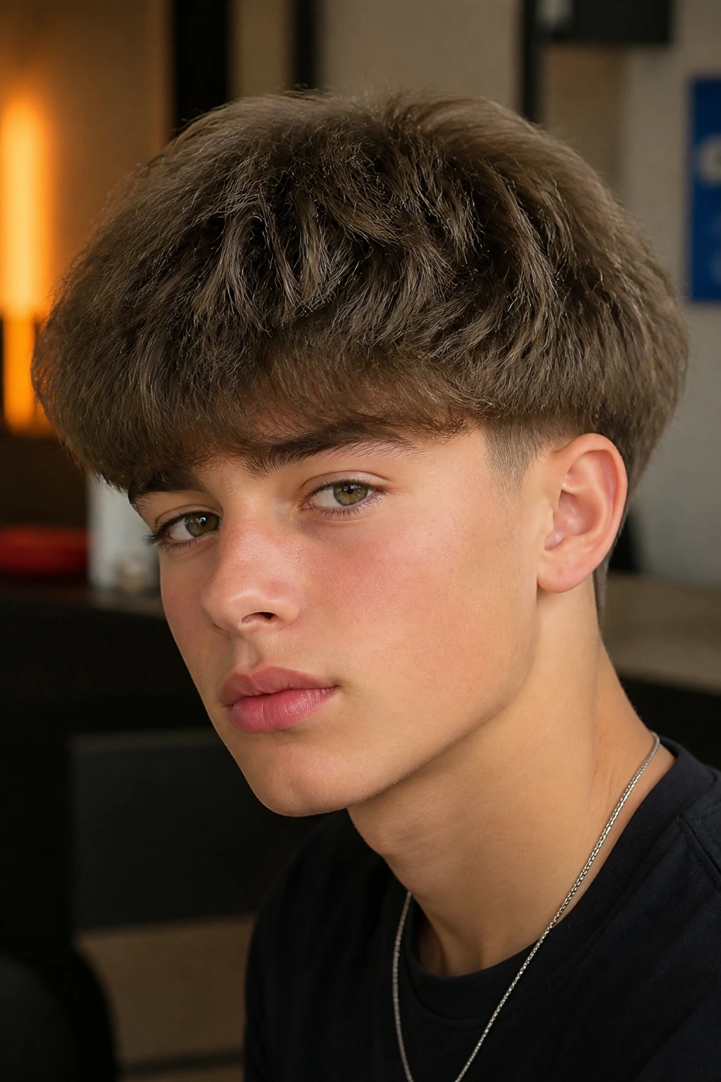 Boy with rounded mushroom haircut showing textured perimeter