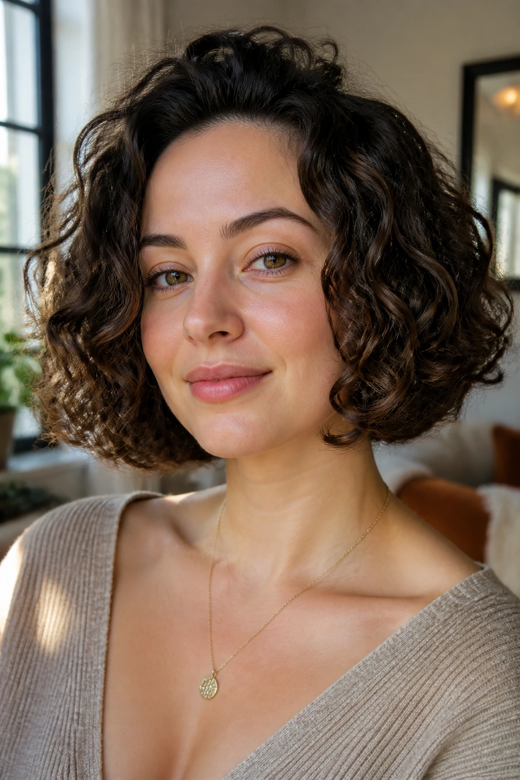 Close-up portrait of a real woman with a rounded oval bob showing soft curls framing the cheeks.