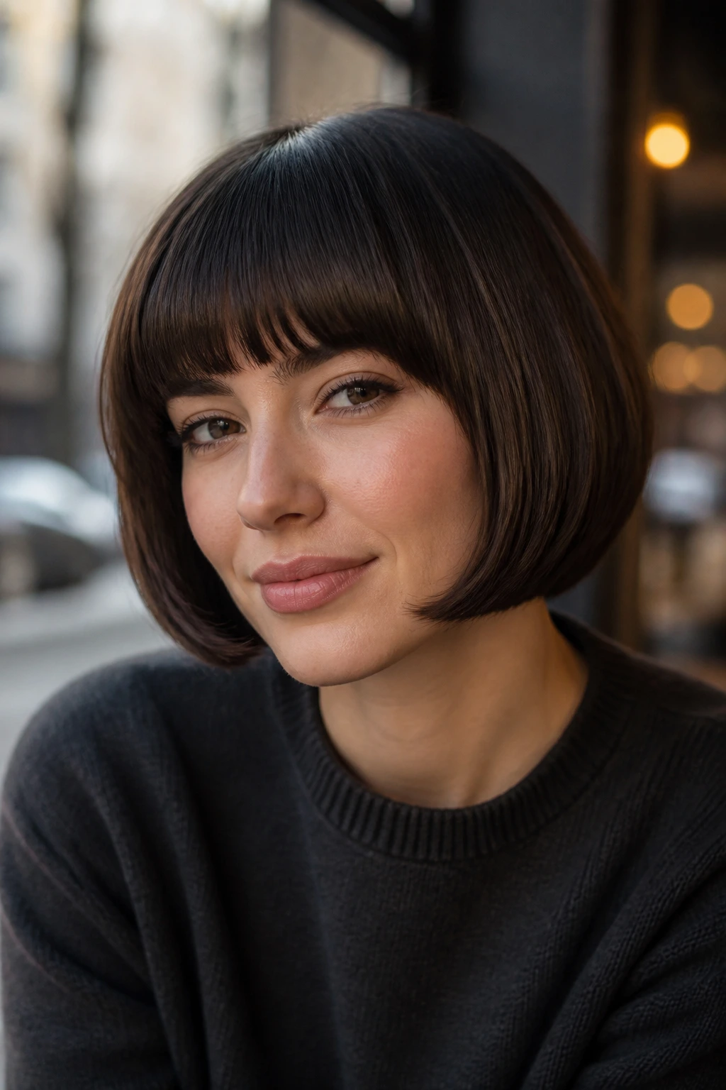 Close-up of a woman with a rounded pageboy bob in warm cafe lighting