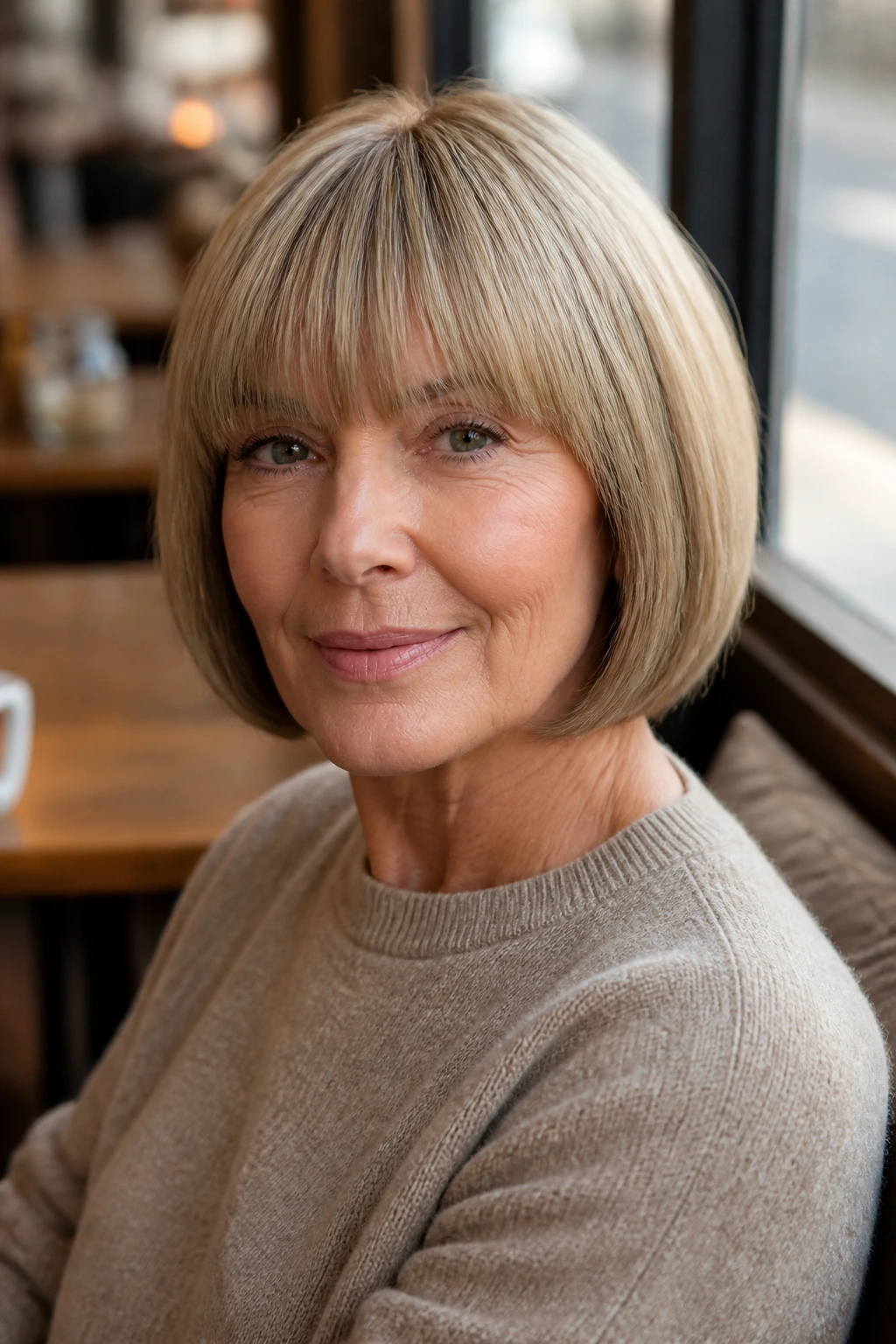 Close-up of a real woman with a rounded pageboy and dense fringe in a sunlit cafe setting.