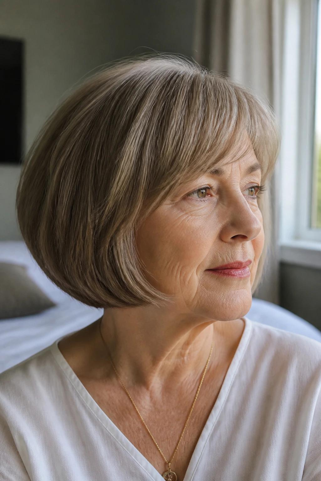 Close-up portrait of a real woman with a rounded pageboy haircut.