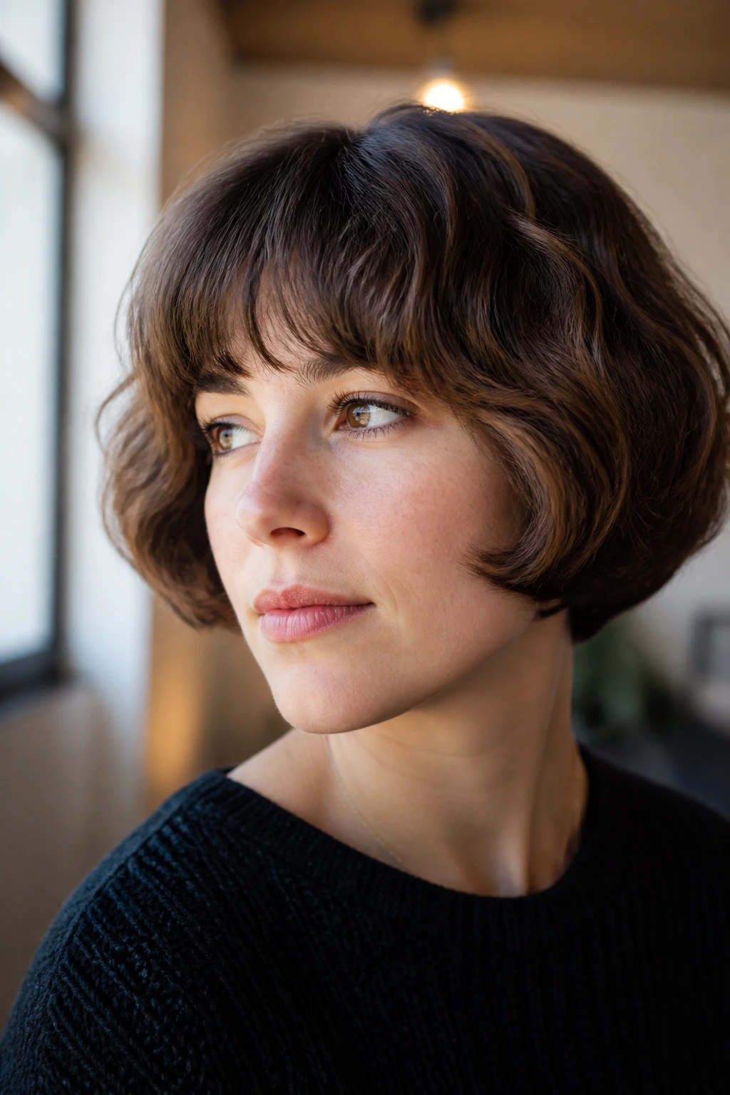 Close-up portrait of a real woman with rounded pageboy haircut showing curved perimeter