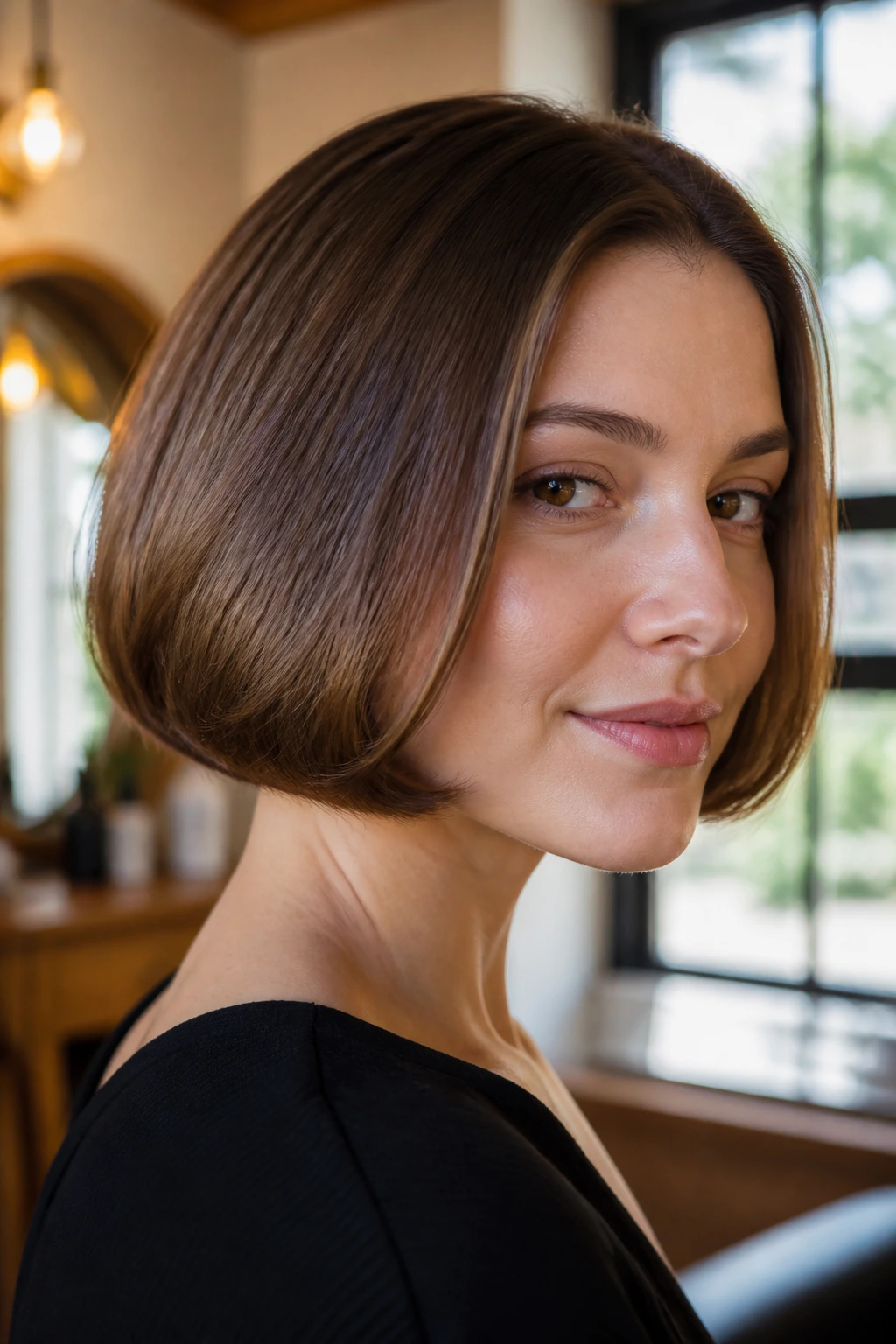 Close-up of a real woman with a rounded pageboy hairstyle on straight hair, oval face.