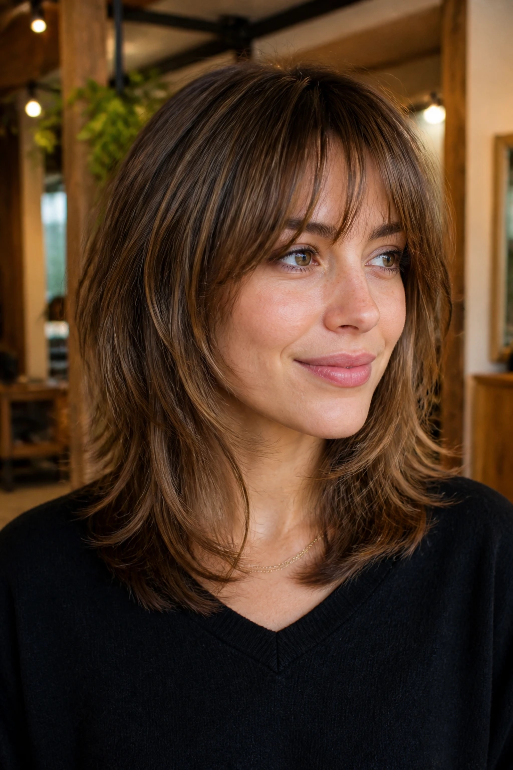 Close-up portrait of a real person with rounded perimeter shag hairstyle