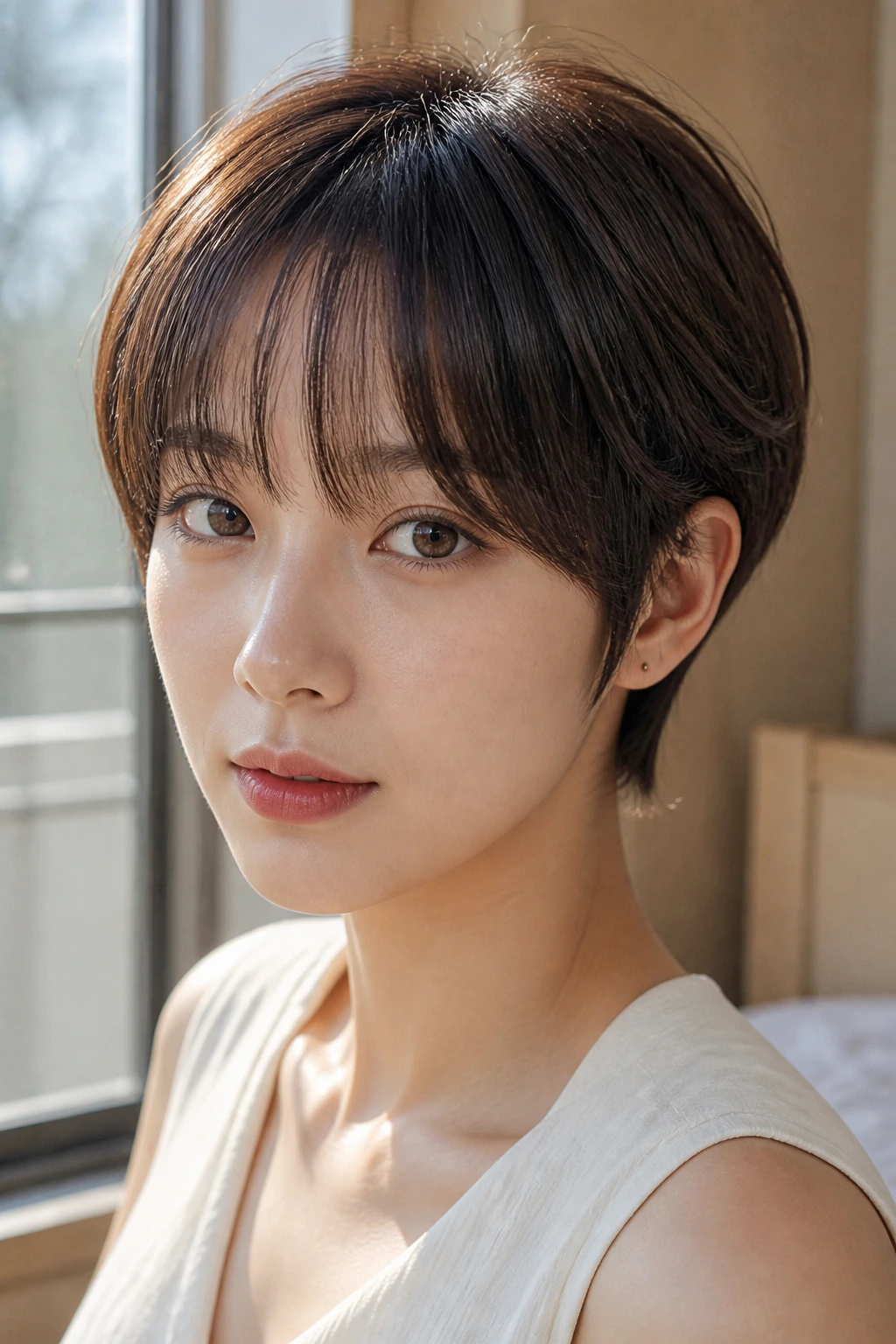 Close-up portrait of a real woman with a soft rounded pixie and see-through bangs in warm window light