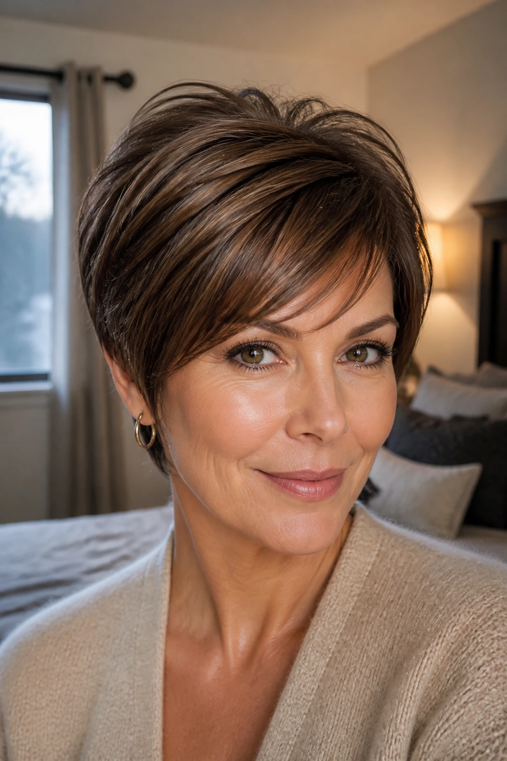 Real woman with rounded pixie bob and side bangs